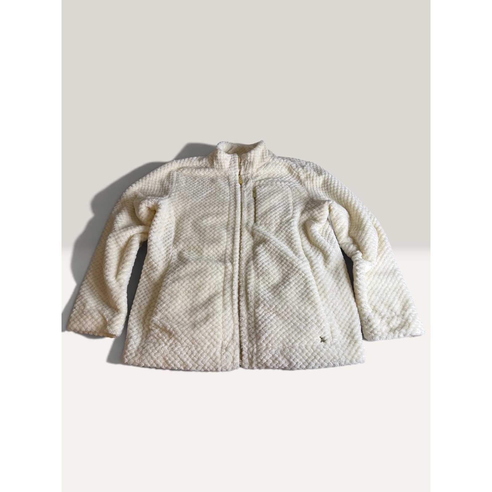 Anne Klein Cream Ivory Textured Fleece Full Zip Jacket Women Medium Gold Trim
