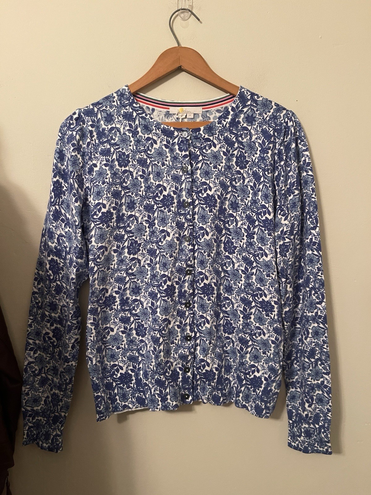 NWT Boden Blue White Floral Cotton Blend Crewneck Cardigan Button Medium M Top