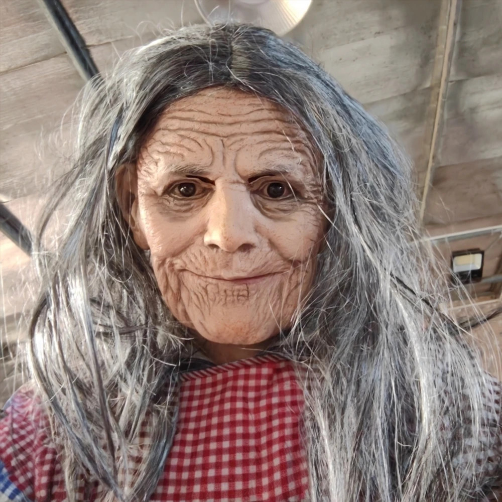 Realistic Old Woman Granny Latex Mask Grey Hair Halloween Costume Prop