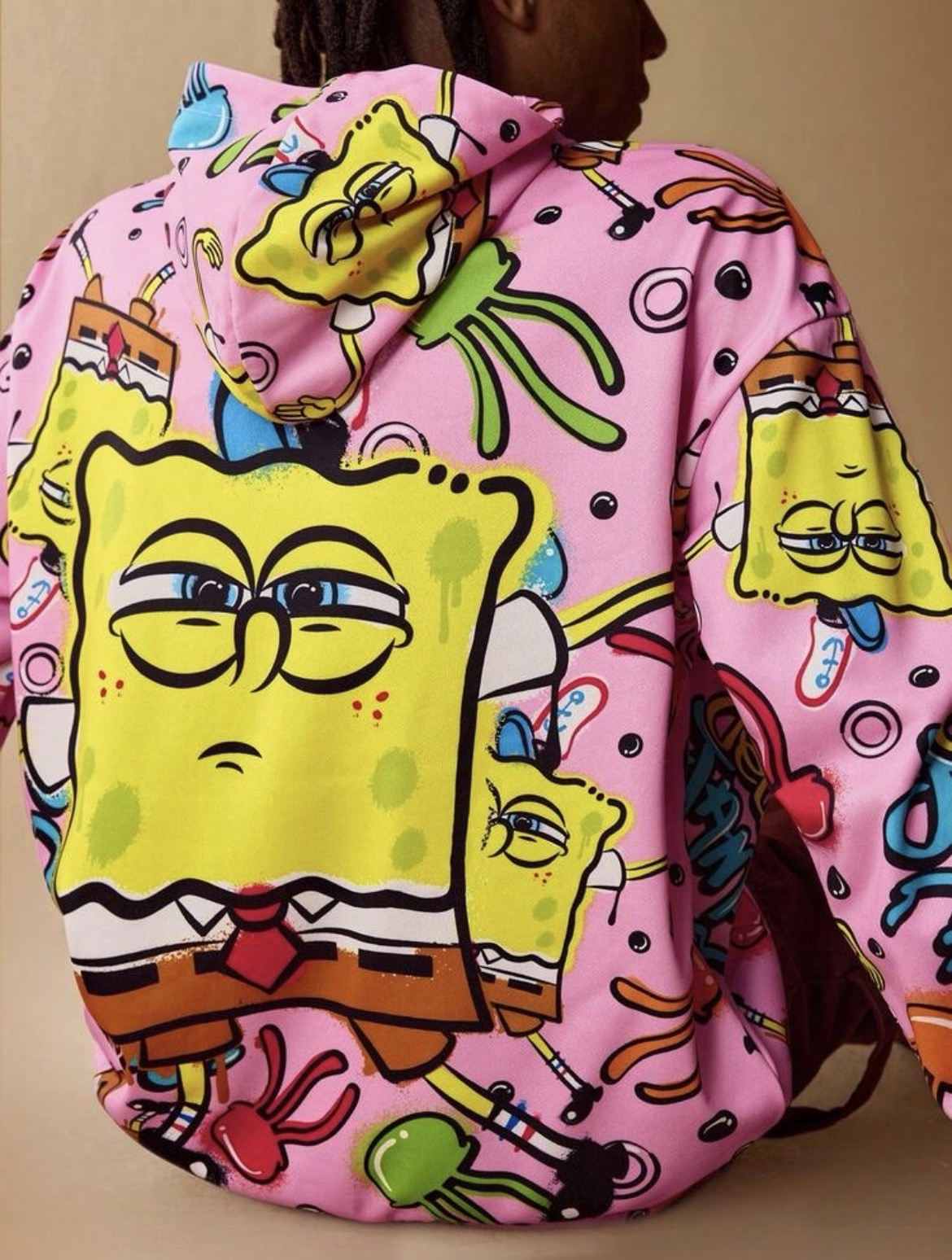 Men\'s Pink SpongeBob SquarePants Graphic Print Pullover Hoodie Pockets Size M