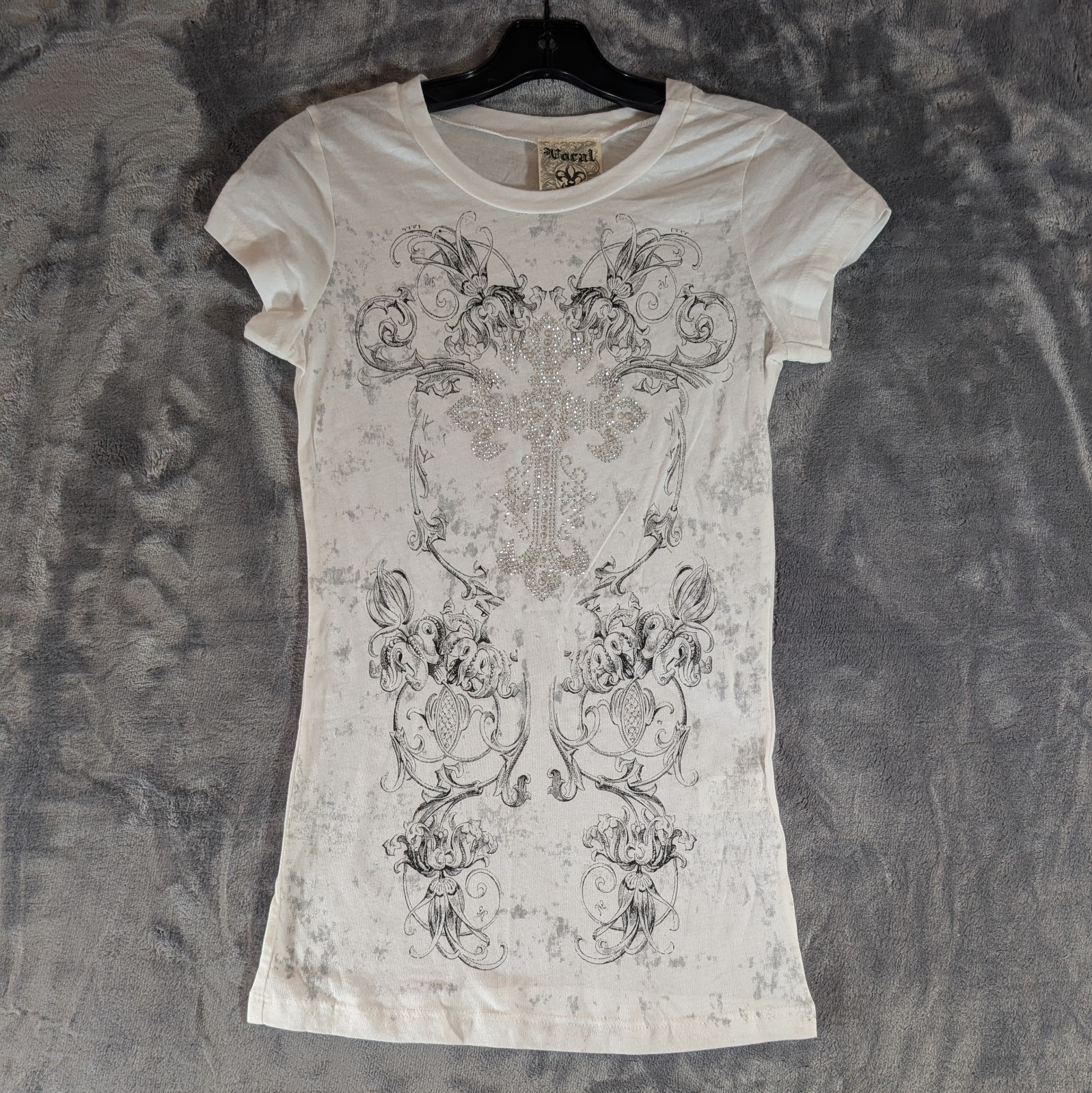 Y2K Grunge Bling Short Sleeve Retro Vintage Rhinestone Cross Vocal T-shirt S