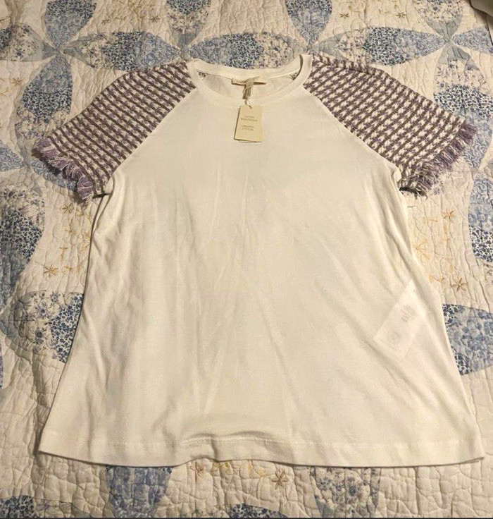 Maje Women’s S White/Purple Cotton Knit Raglan Crewneck Houndstooth Fringe Tee