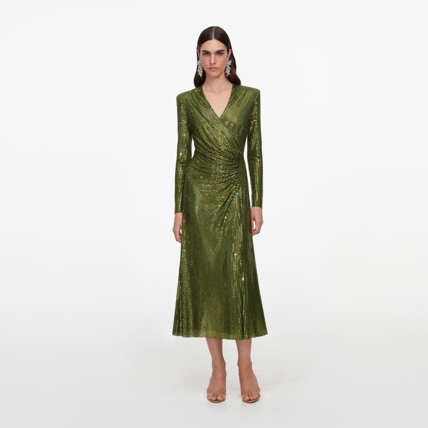 self portrait OLIVE RHINESTONE MESH WRAP MIDI DRESS $ 895 Size US 6 UK 10