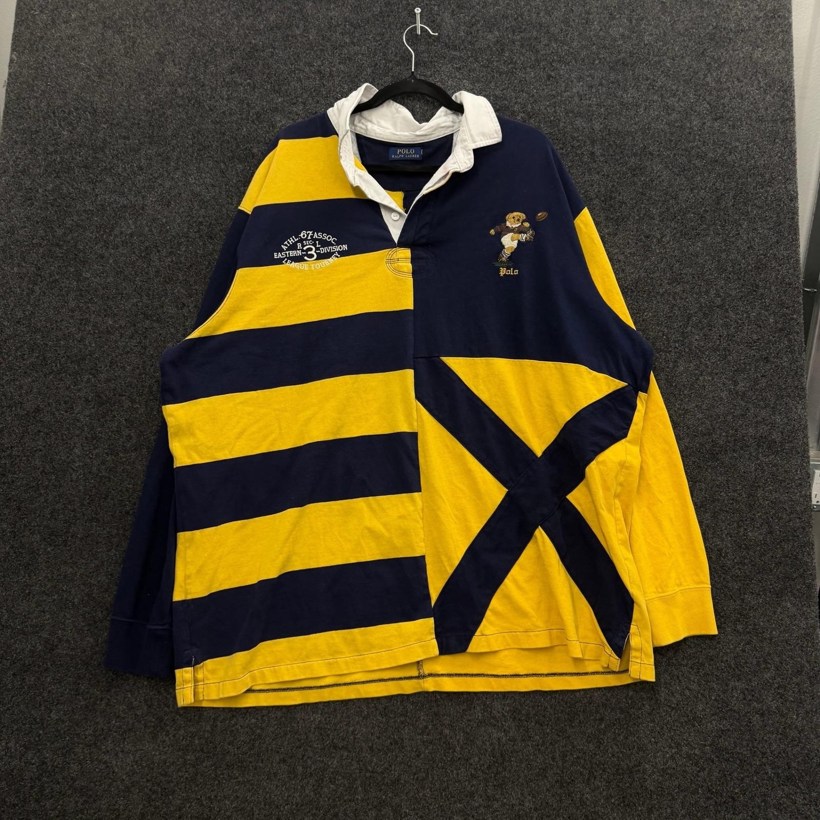 Polo Ralph Lauren Polo Bear Rugby Shirt Navy Yellow Striped 2XLT Mens
