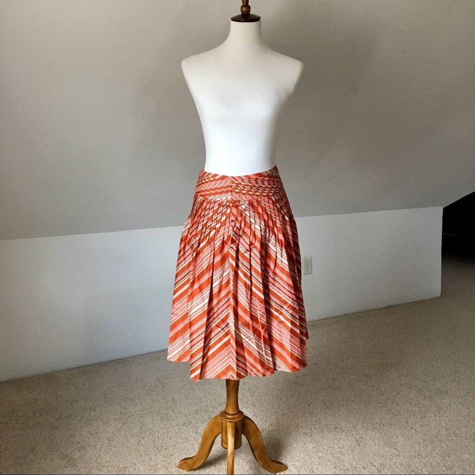 NWT Talbots Pleated Cotton A-Line Skirt Orange Striped Knee Length Size 10