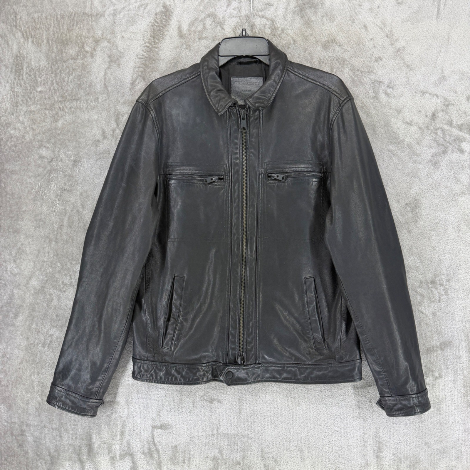 AllSaints Lark Leather Jacket Mens Large Black Goat Leather Full Zip ML141H