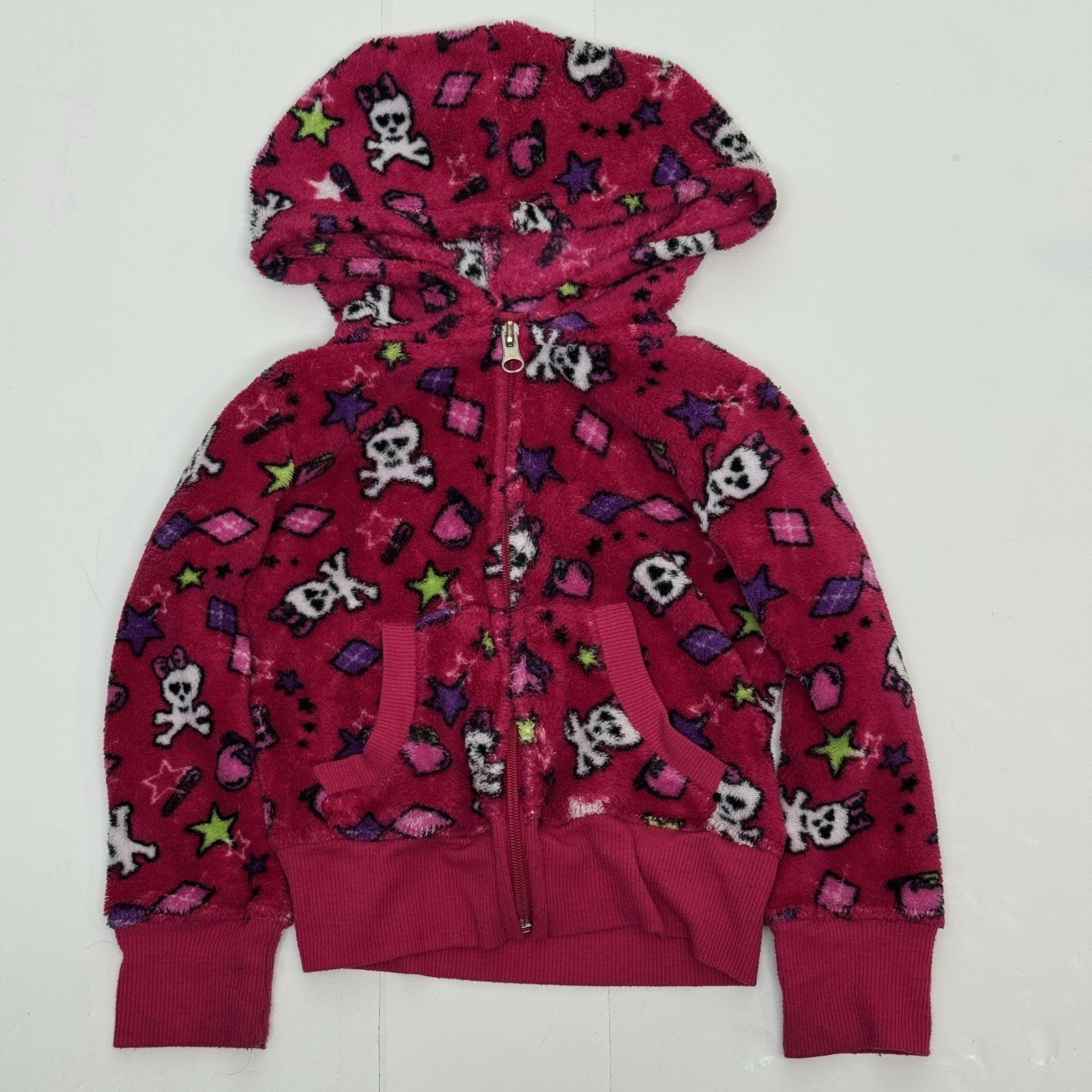 Vintage Y2K-style girl\'s Pink Skull & Stars plush fleece zip-up hoodie 4T