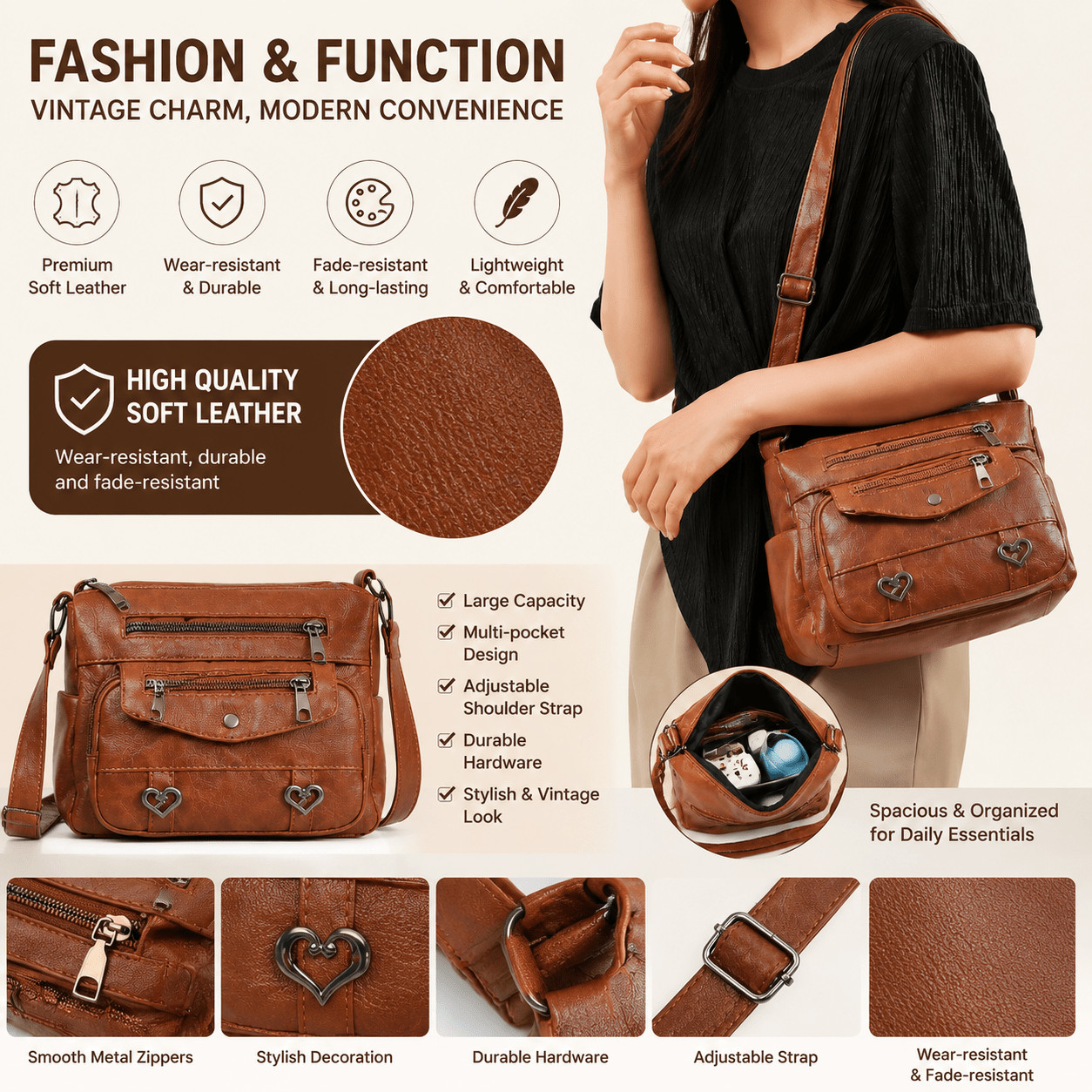 FAXHION Crossbody Bag, Soft Leather Shoulder Bag, Retro, Minimalist, Fashionable