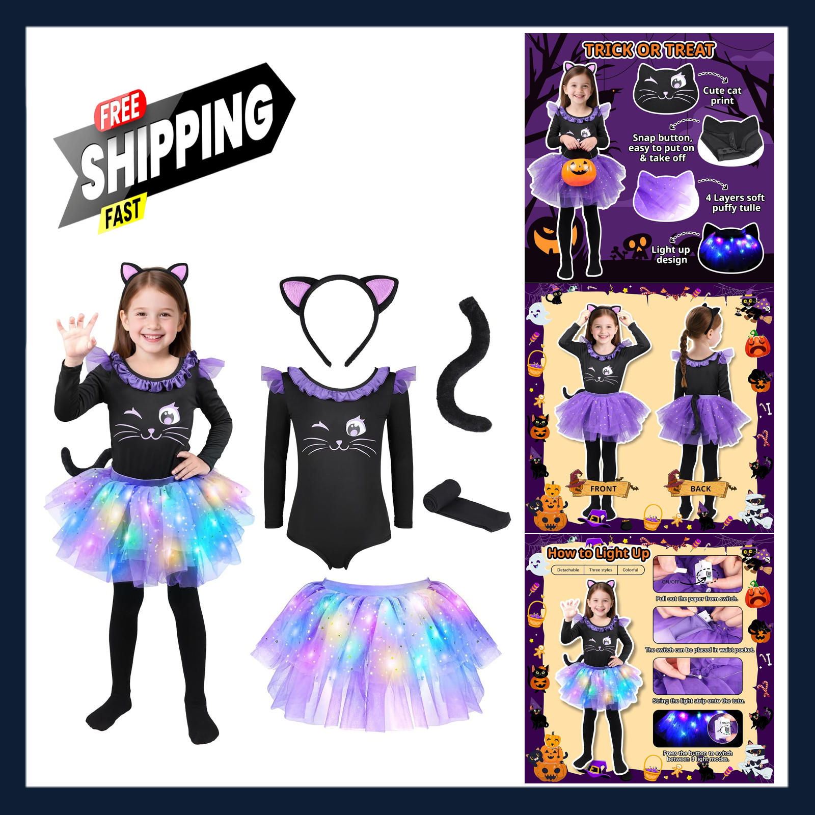 Kids Girls Black Cat Costume with Light Up Effect for Halloween and Parties