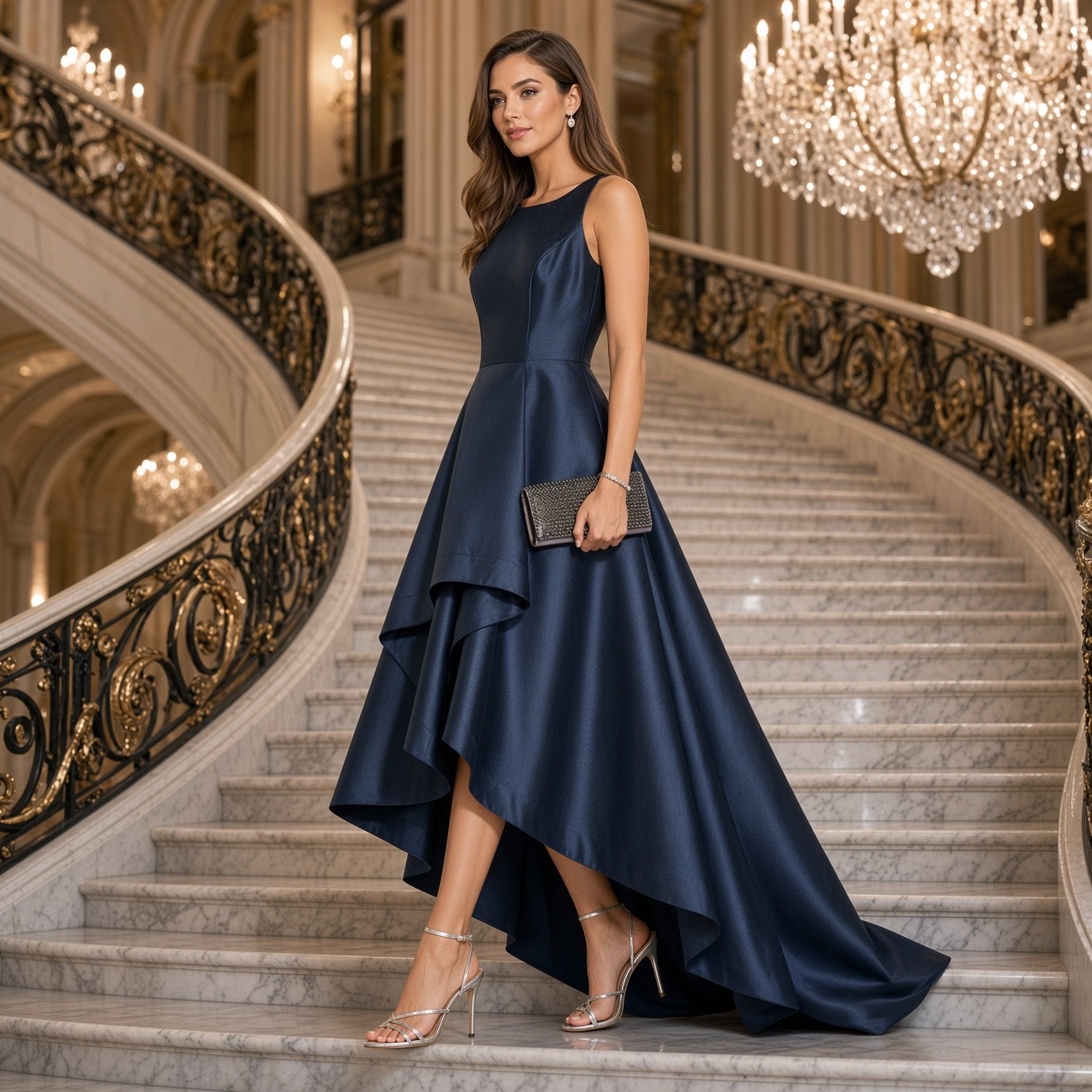 NWT ADRIANNA PAPELL Midnight Blue Mikado High-Low Gown Dress Size 4 Formal