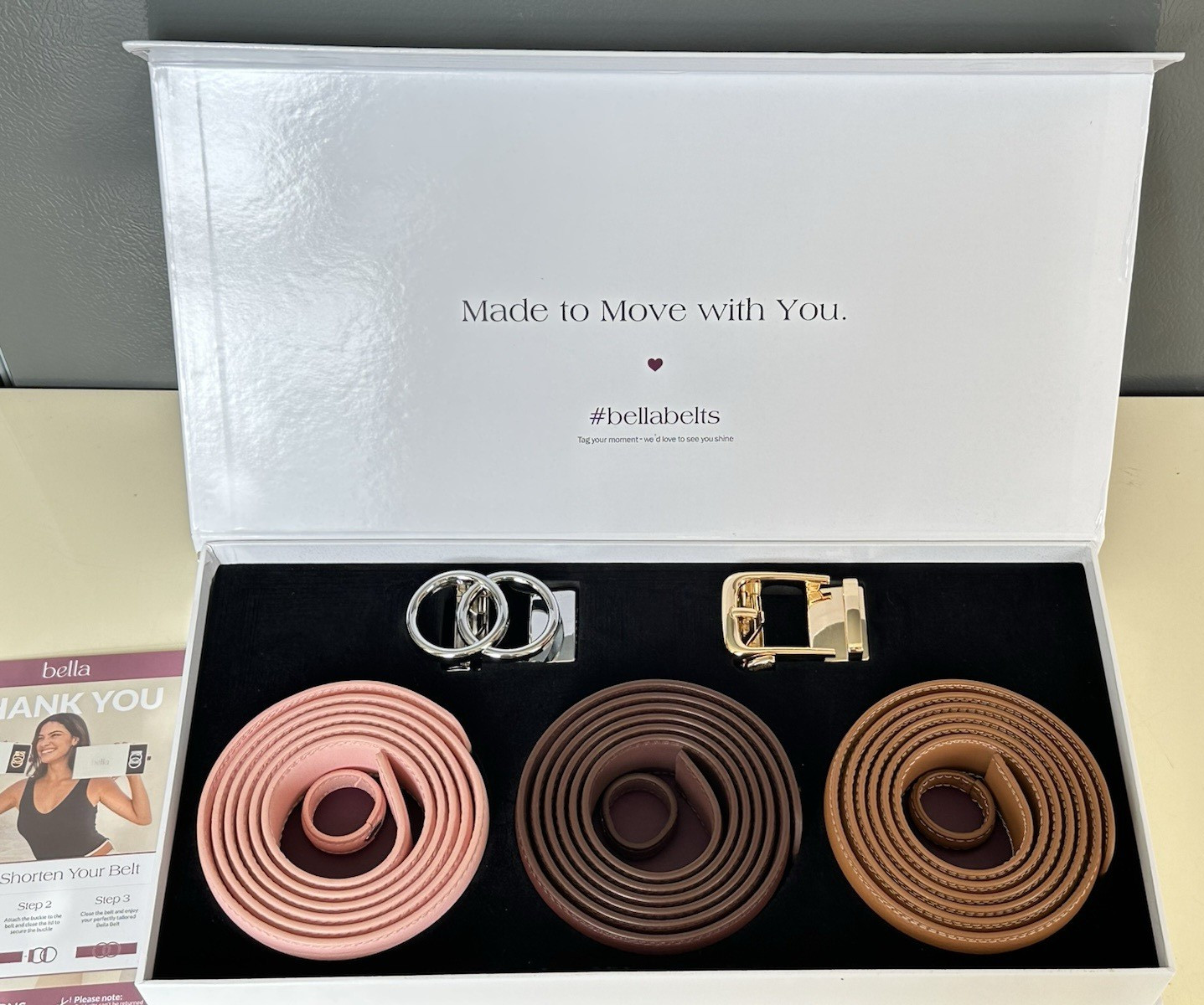 Bella Trio Belt 2 Buckle Set Ratchet Adjust Leather Pink Brown Cognac NEW IN BOX