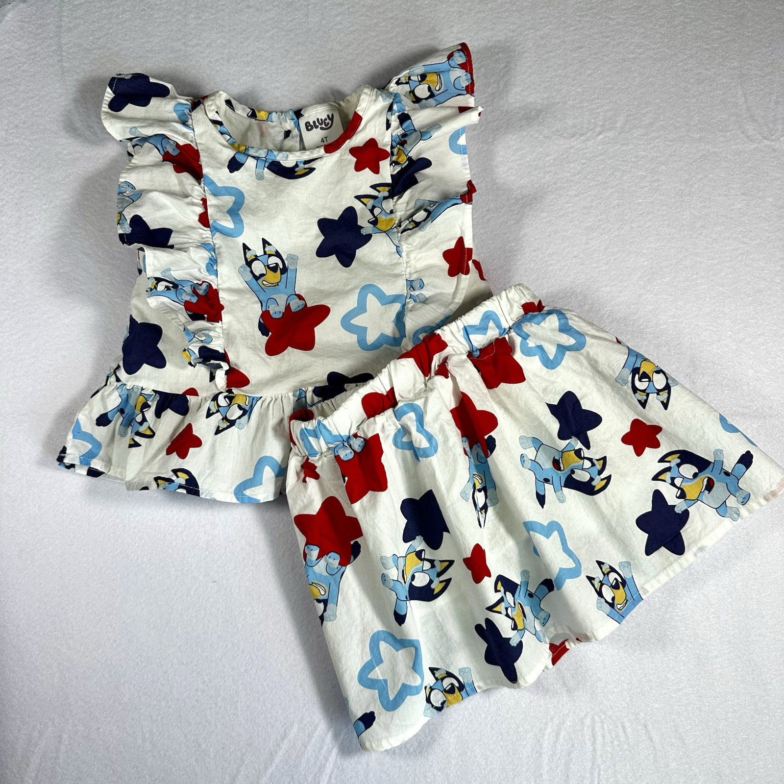 Bluey 4T Set NWOT Star Print Peplum Top Skort Girls White Red Blue