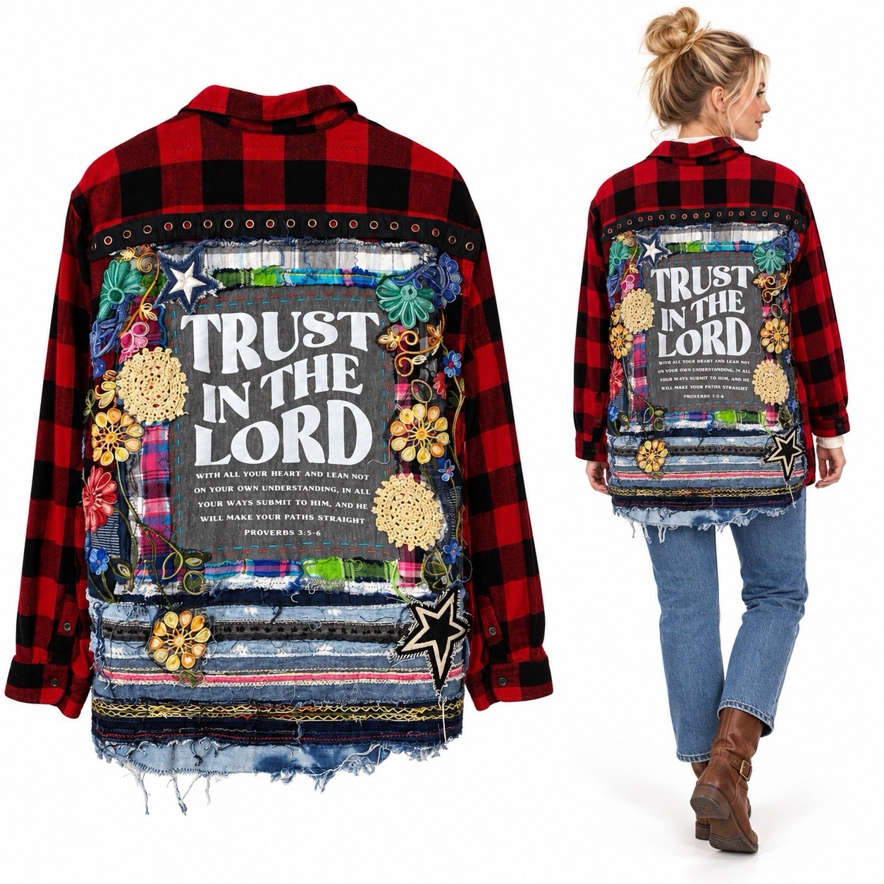 Upcycled Flannel Jacket Shacket Womens XL Christian Church Embroidered OOAK
