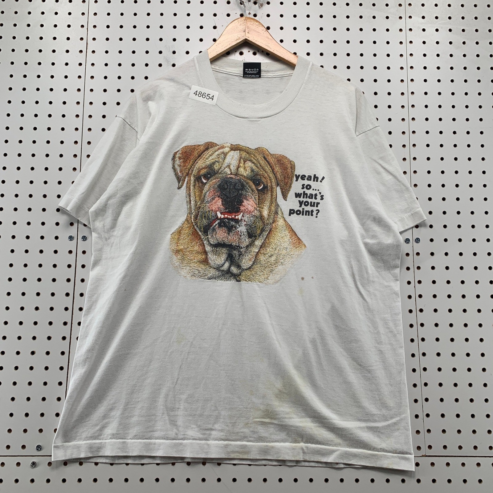 Vintage 90s Bulldog Funny T Shirt Mens XL White  Whats Your Point Screen Stars