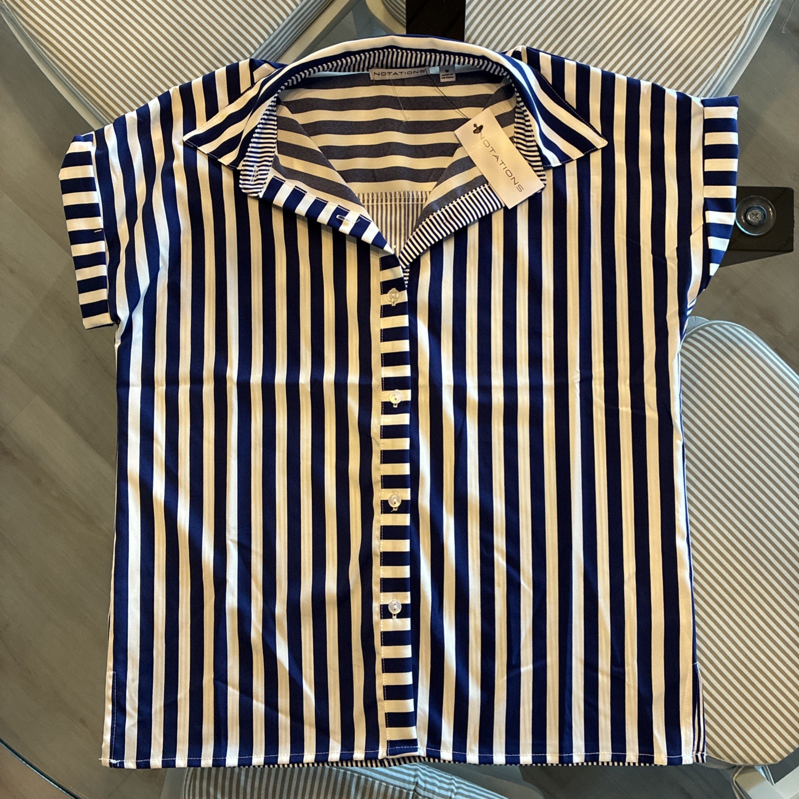 Notations Blouse Women’s Medium Striped Button Short Sleeve Blue White NEW w TAG