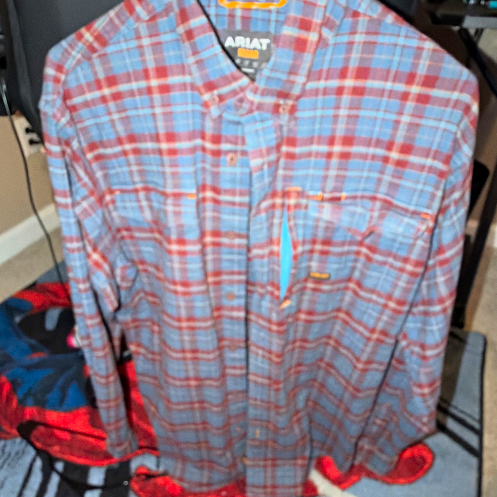 Ariat Rebar Men\'s M Blue/Red Plaid Flannel Button-Down Long Sleeve Shirt