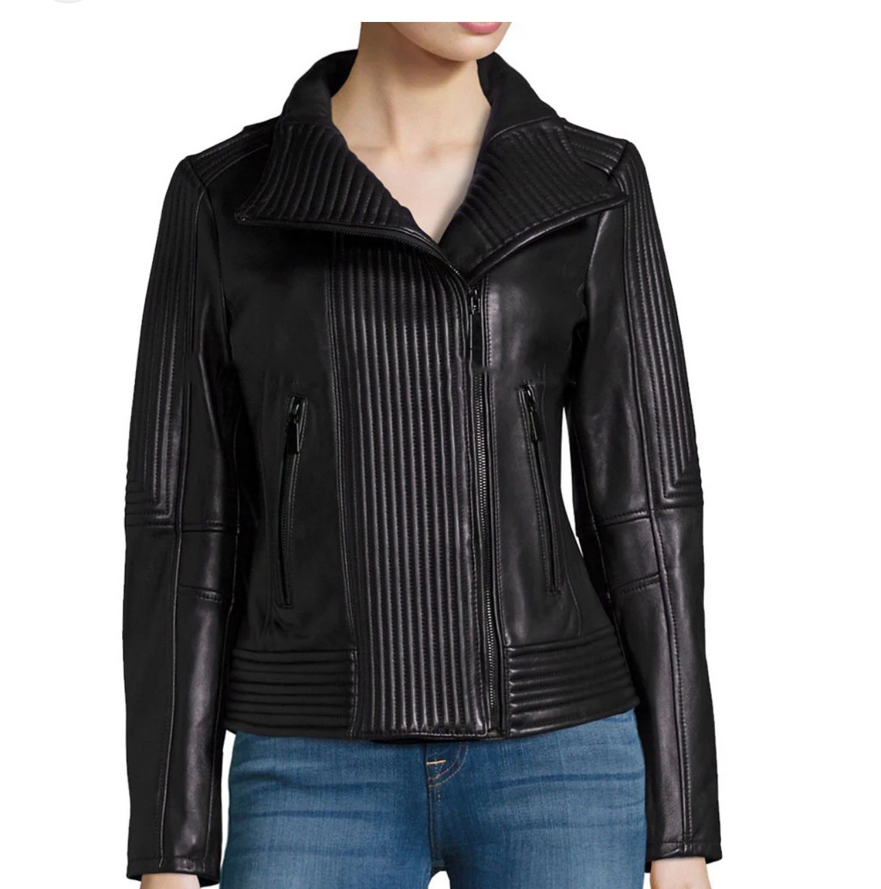 Vince Camuto Black Lambskin Quilted Leather Moto Jacket   Large