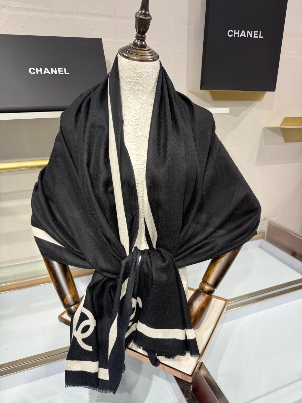 CHANEL Black Cream CC Logo Trim Shawl Scarf Wrap 100x200cm