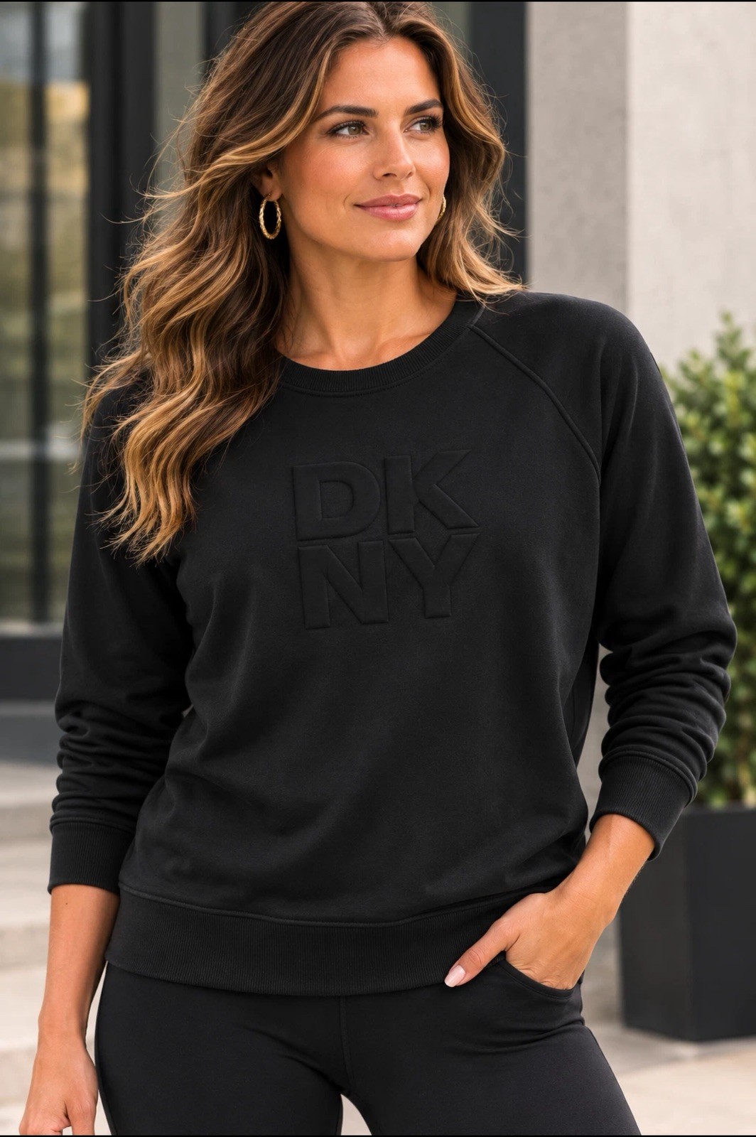 DKNY Sport Women’s Sweatshirt Black Embossed Logo Crewneck Pullover Size L  NWT