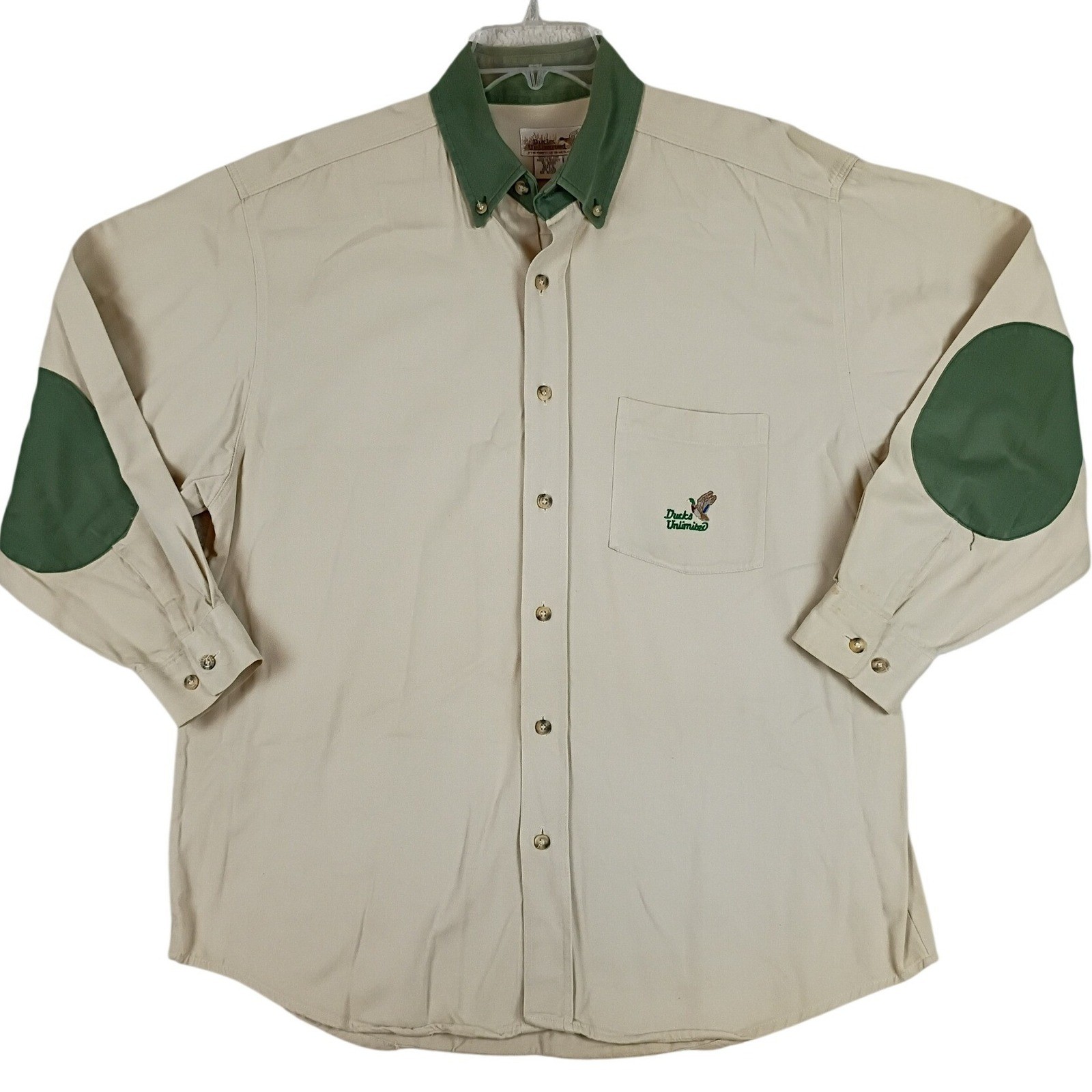 Vintage Ducks Unlimited Sportsman Shirt Mens Large Beige Green Elbow Patches
