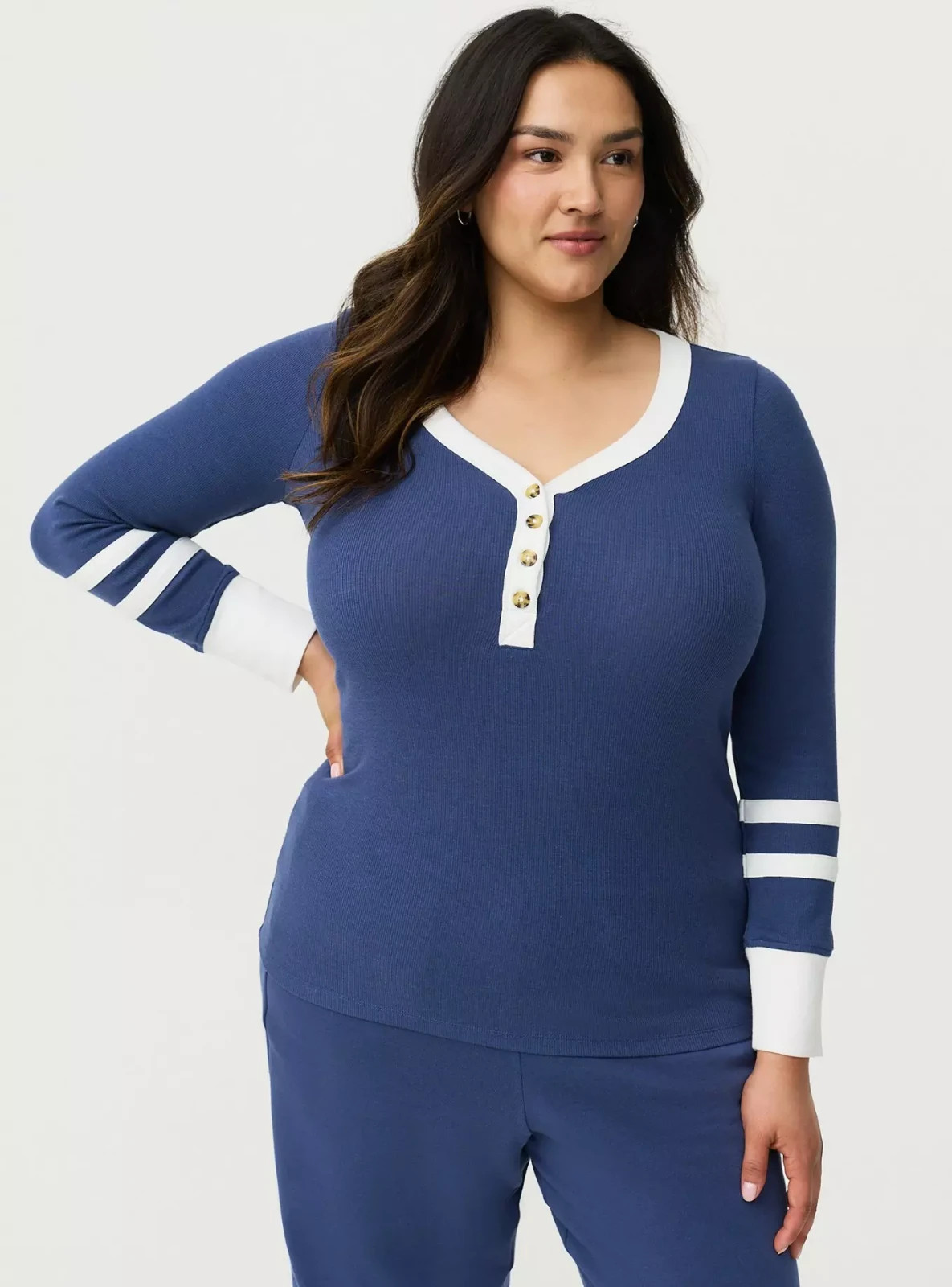 Torrid 3X Ribbed Henley Varsity Long Sleeve Cotton Modal Top Oceana Blue NWT