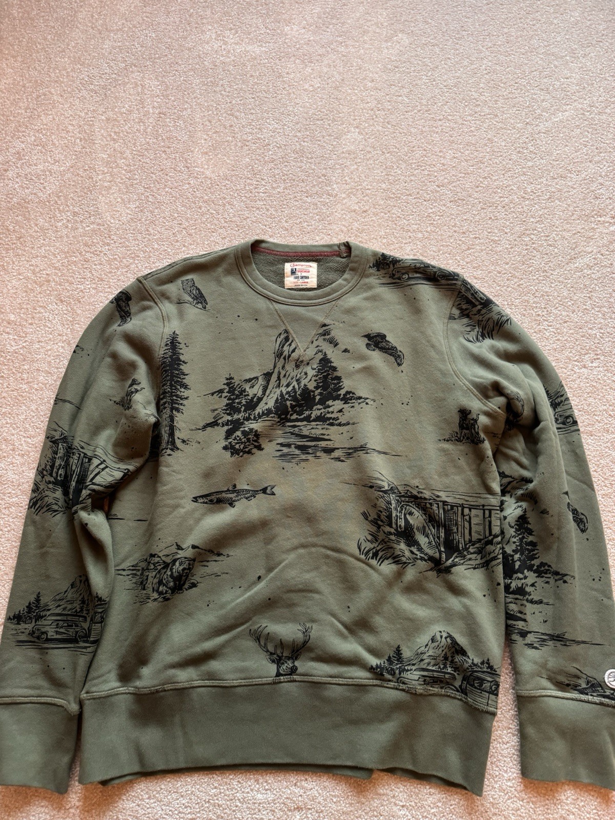 Todd Snyder x Champion USA Outdoor Graphic Sweatshirt L Olive Rare NWOT