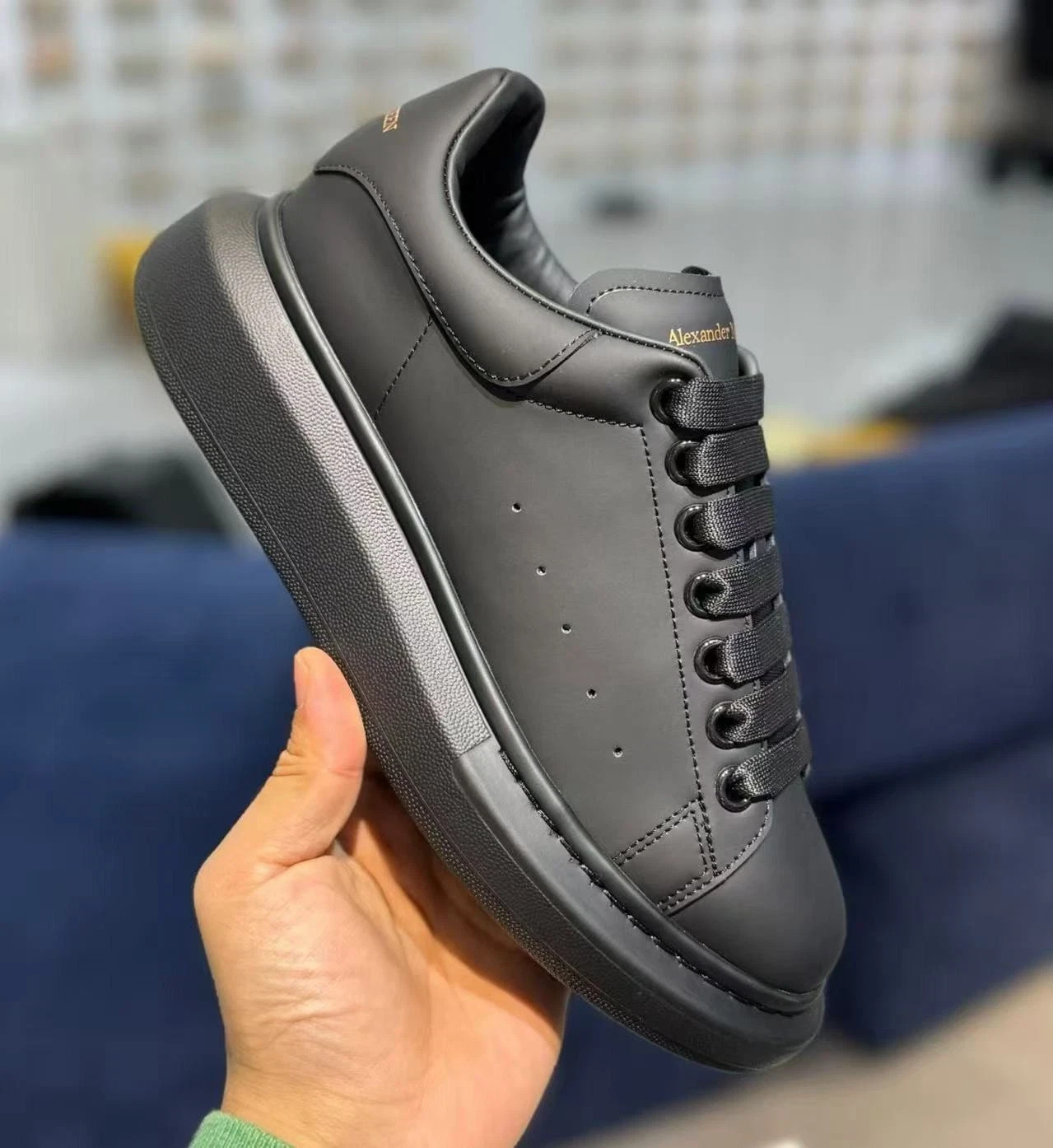 Alexander McQueen All Black Smooth Leather Platform Sneakers Men Women