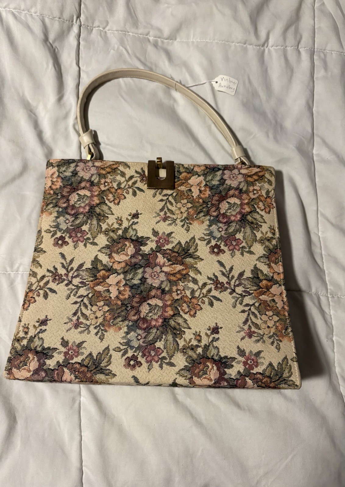 Vintage Floral Velvet Tapestry Carpet Bag Handbag Black Gold 1950s 1960s 1970s