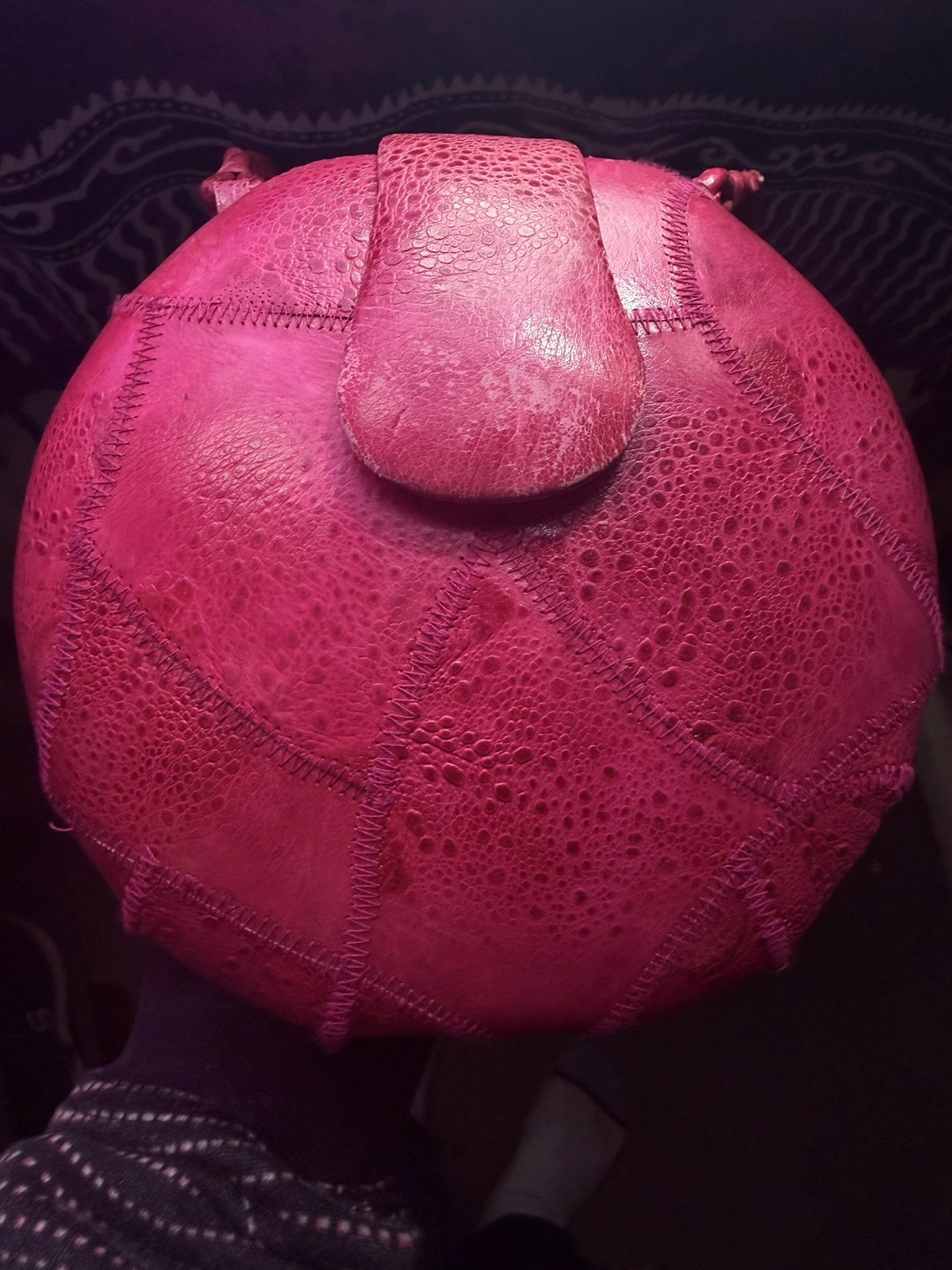 Vintage 1980s Pink Frog Skin Leather Round Ball Crossbody Purse Boho Rare