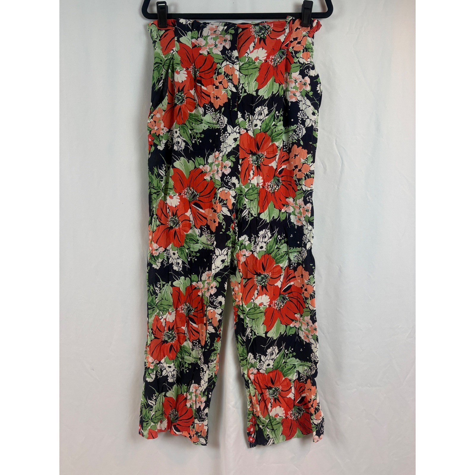 Zara Vintage Style High Waisted Floral Wide Leg Pants Red Poppy Navy Blue Boho