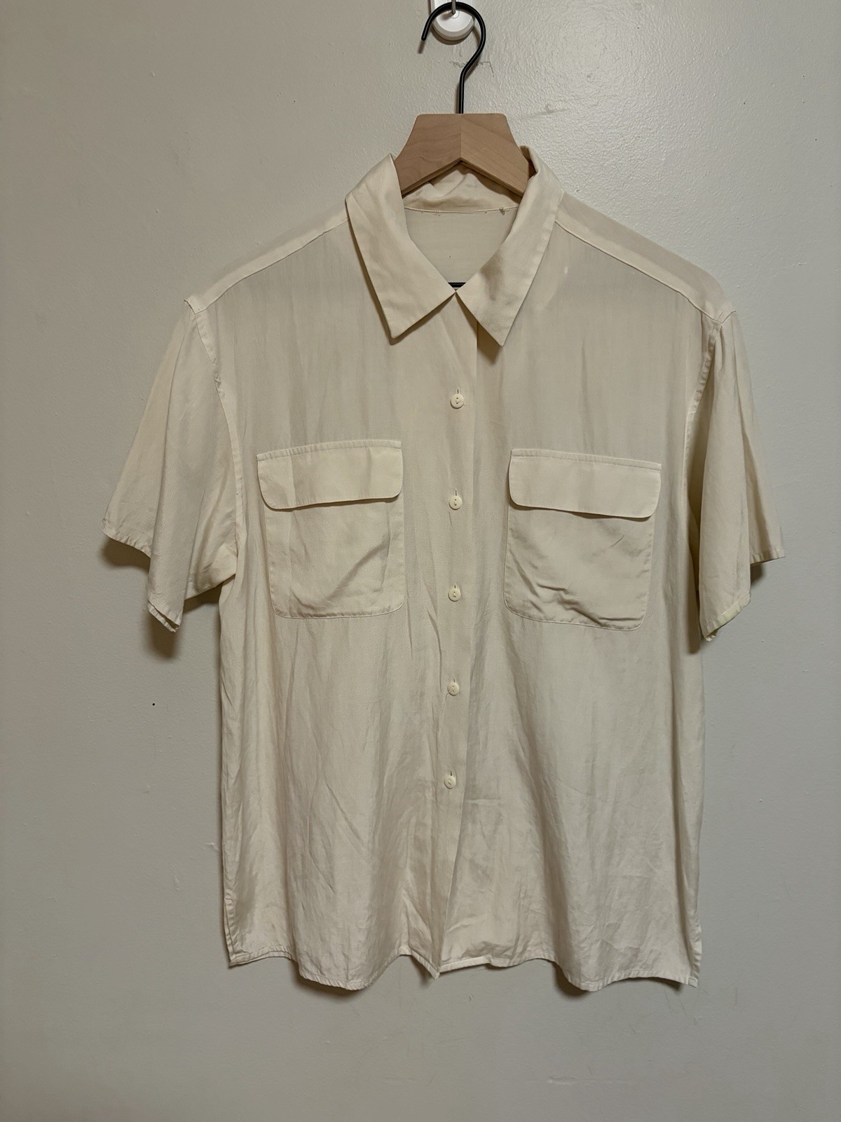Vintage 50s Off White Loop Collar Button Up Gabardine Shirt Large Rockabilly USA