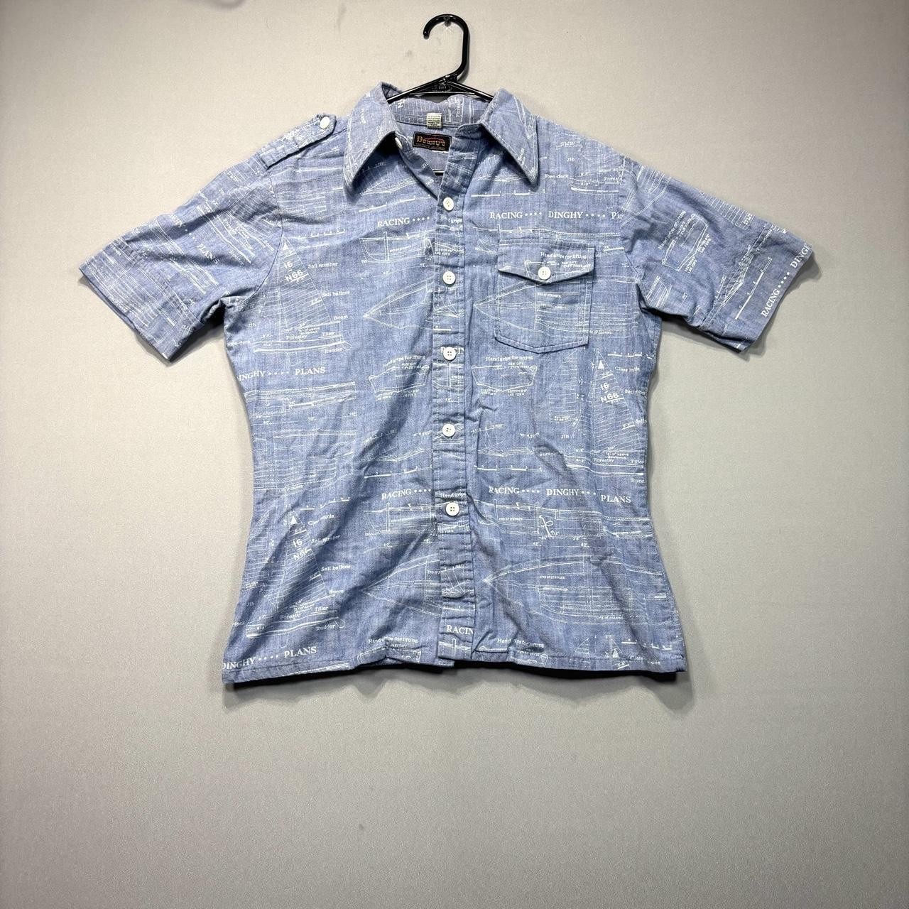 Vintage 70s Novelty Blueprint Button Up Shirt Racing Dinghy Plans