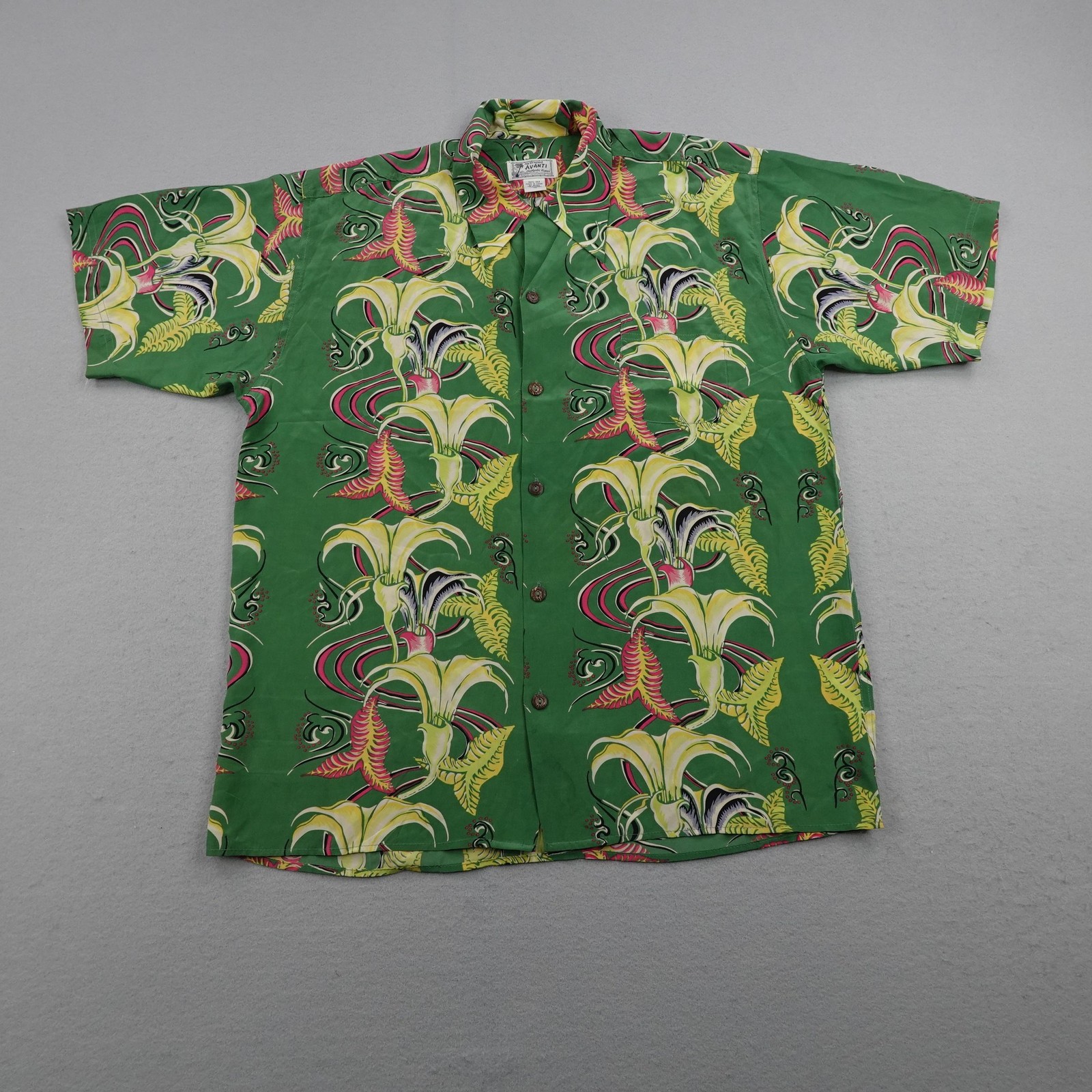 Vintage Avanti Shirt Mens XL Green Silk Hawaiian Aloha Floral Lightweight Camp