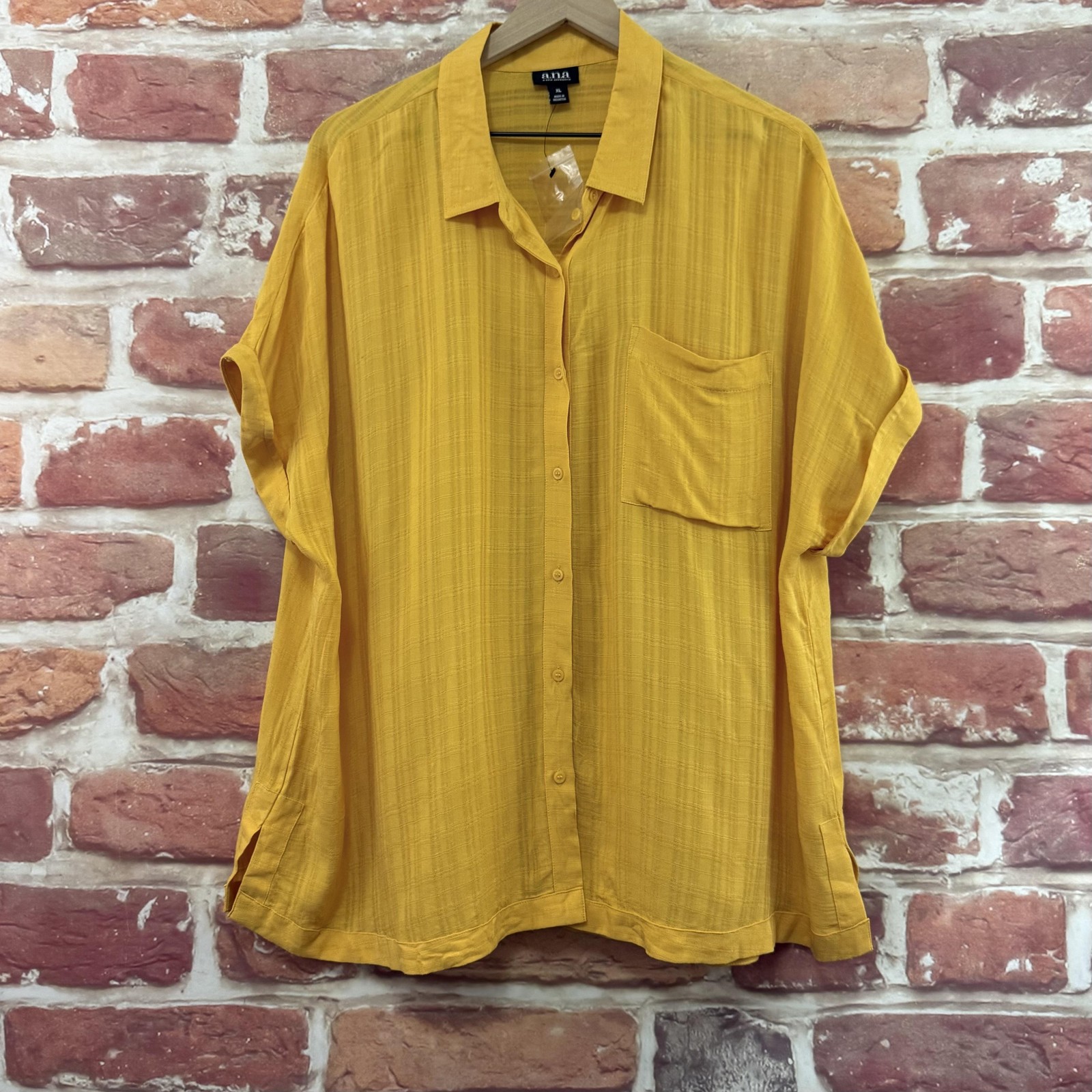 Ana Top Womens XL Yellow Striped Gauzy Pocketed Casual Button Front Shirt 