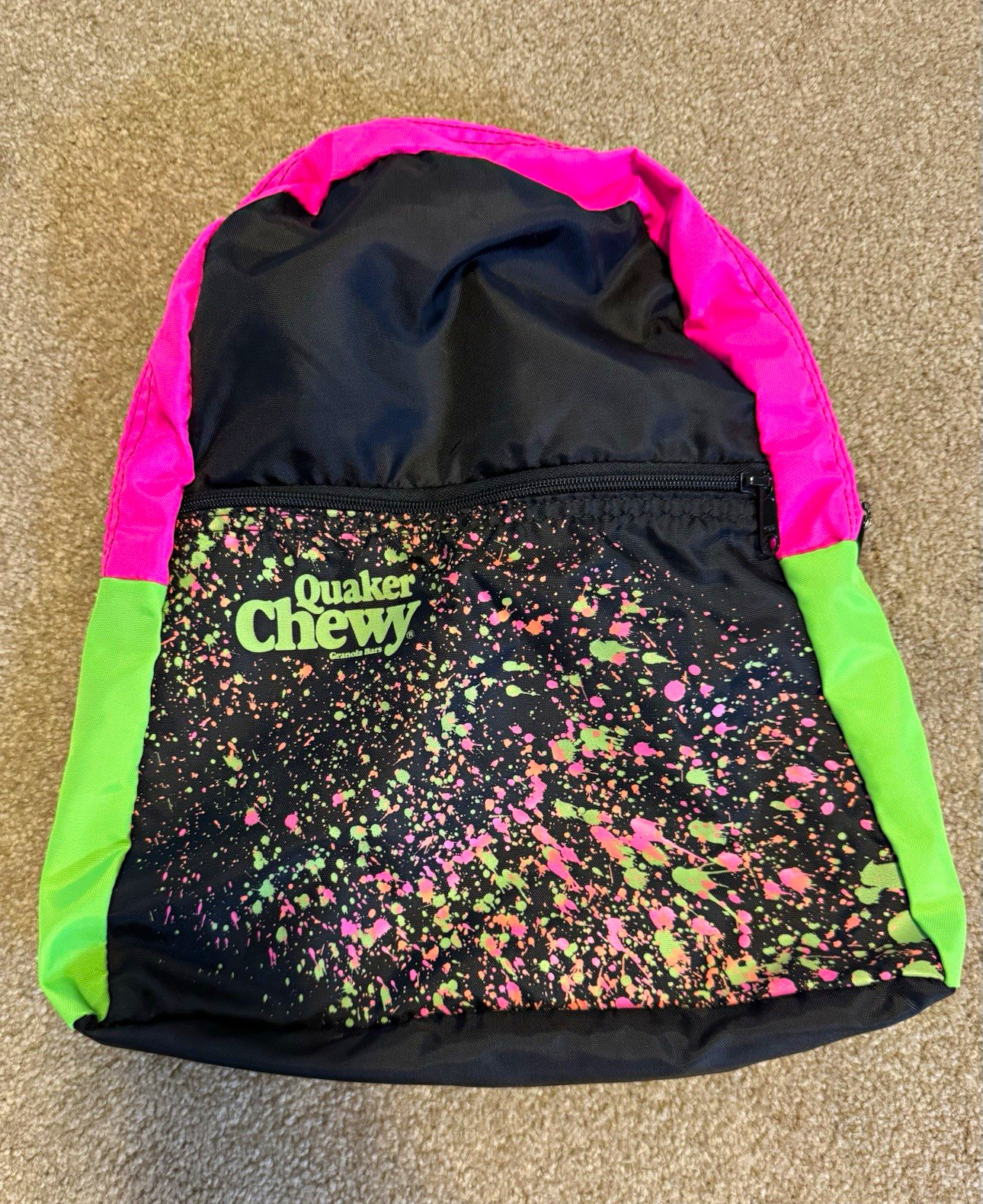 Vintage 90s Quaker Chewy Granola Bars Promo Backpack Neon Paint Splatter