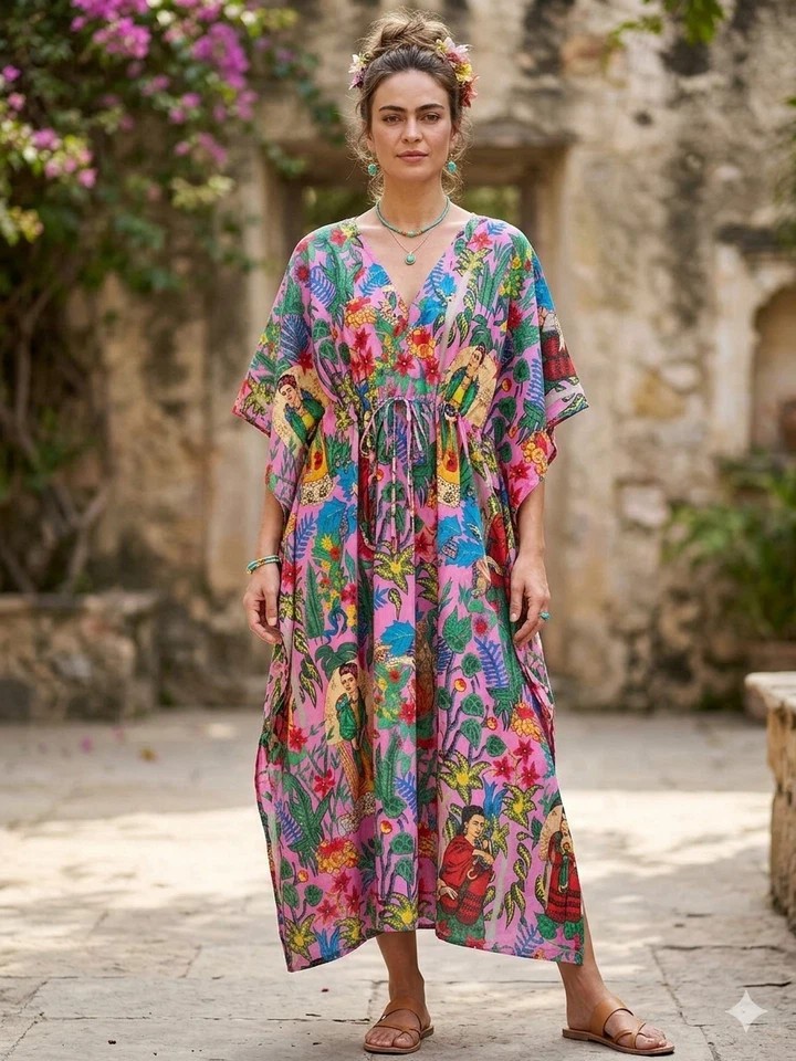 Boho 100% Cotton Kaftan Dress Women Summer Beach Maxi Plus Size Vintage Indian