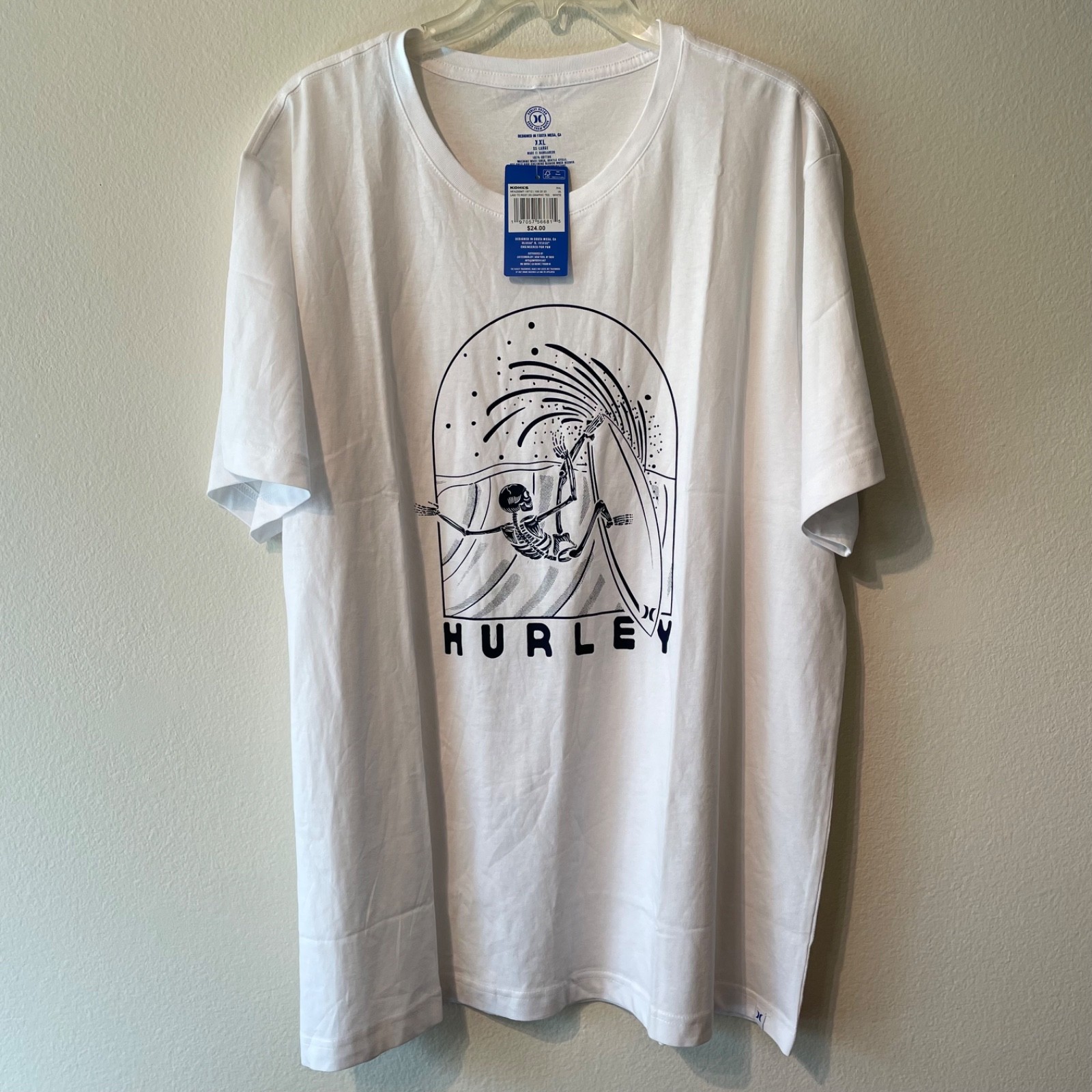 Hurley Men’s XXL Skeleton Surfing Graphic T-Shirt White 2XL Cotton NWT