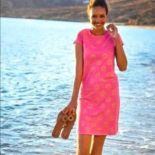 Boden Coralie Pink Cotton Jersey Dress 6 - Gold Sunburst Foil Pleated Shift