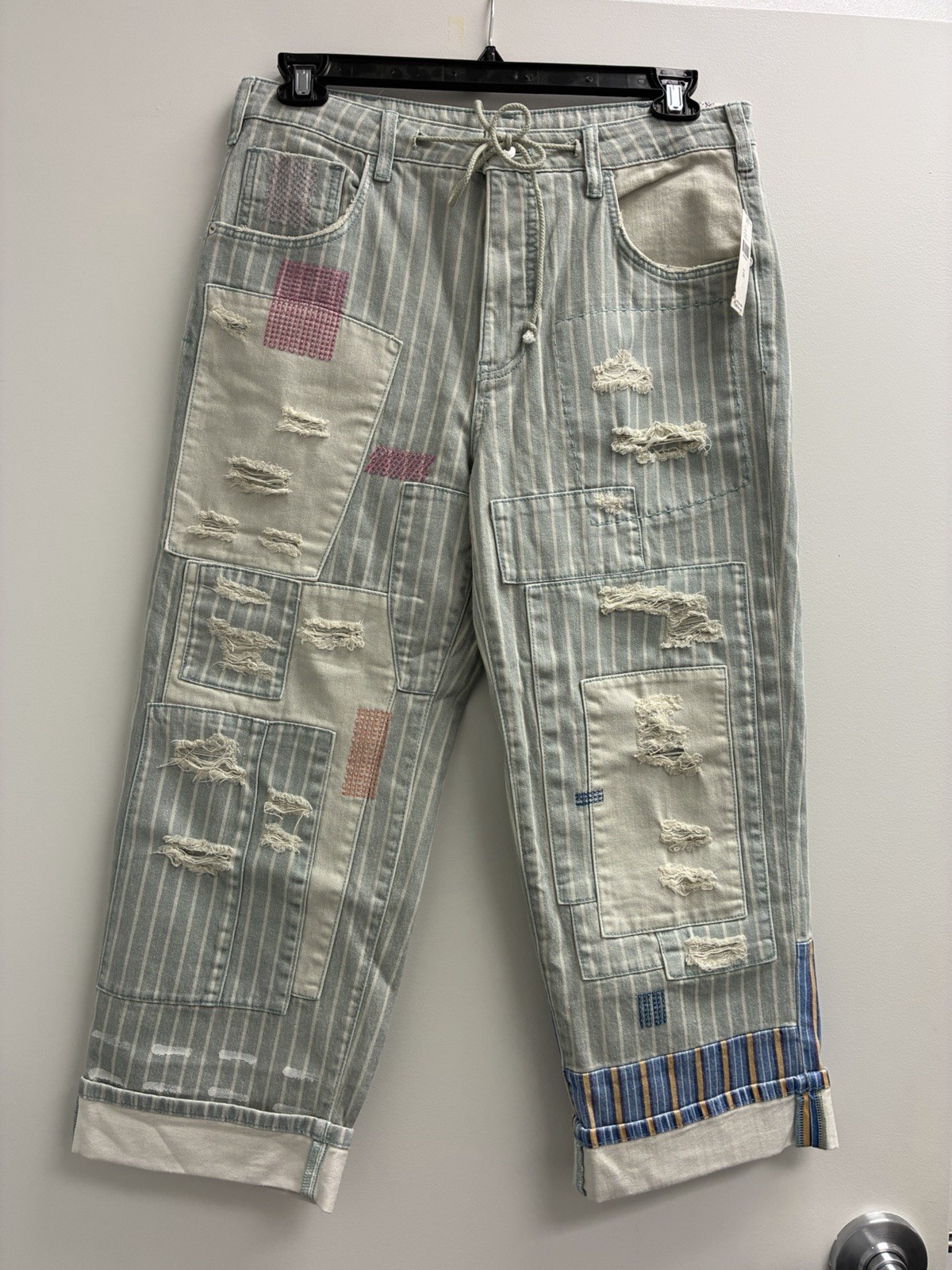 Anthropologie Pilcro High Rise Railroad Utility Striped Patchwork Jeans NWT 30