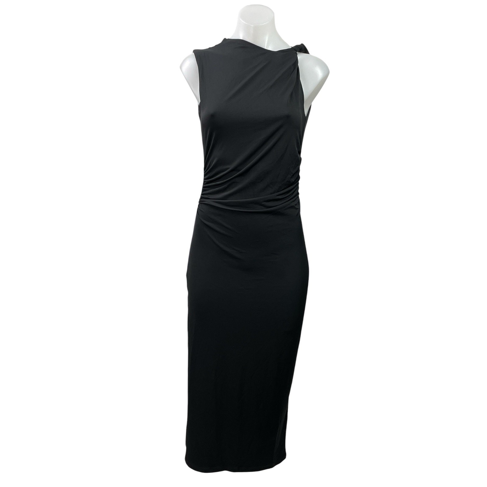 H&M Womens Black Sleeveless Gathered Ruched Asymmetric Neck Bodycon Midi Dress S