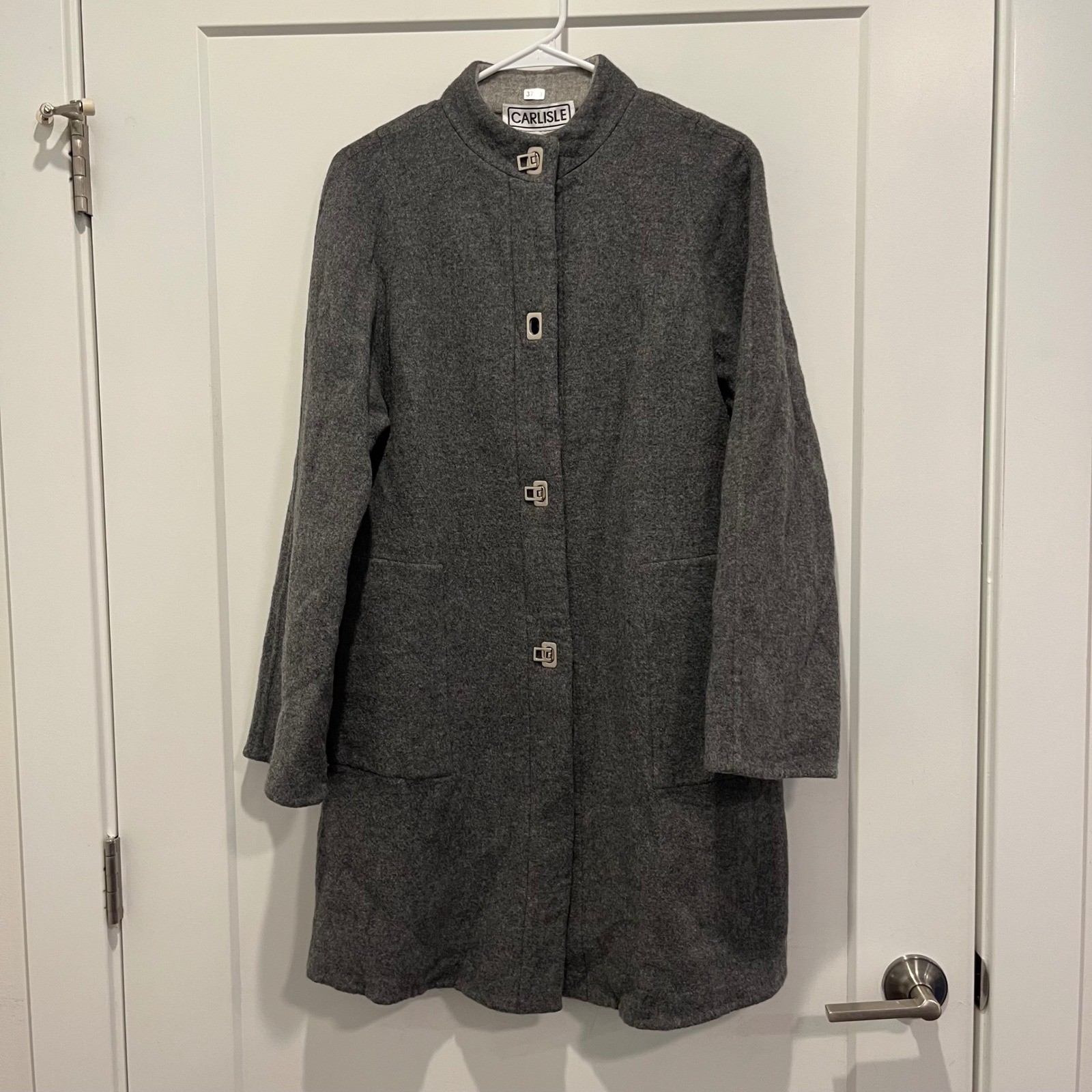 Carlisle Womens Grey 100% Lambswool Mock Neck Twist Lock Long Coat Size 10