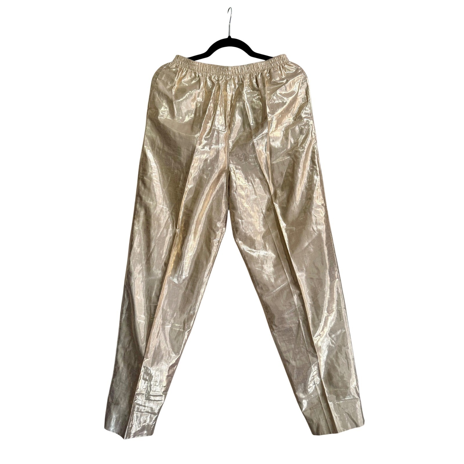 Vintage Stuart Lang Metallic Gold Pants Elastic Waist Straight Leg USA SZ 10 M