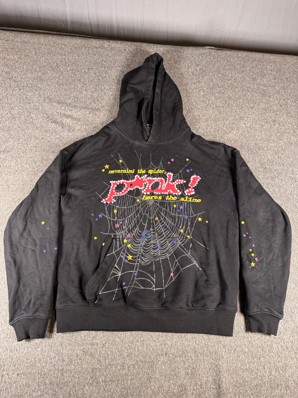 Sp5der Hoodie Mens Small Black Spiderweb Punk Slime Stars Graphic Sweatshirt