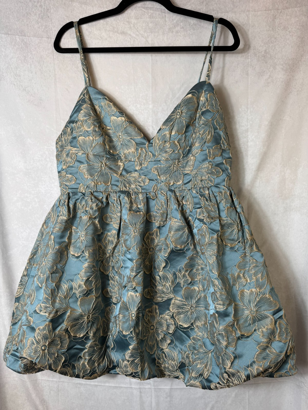 *LULUS*  Dreamlike Aura Slate Blue Floral Jacquard Bubble-Hem Mini Dress Size XL