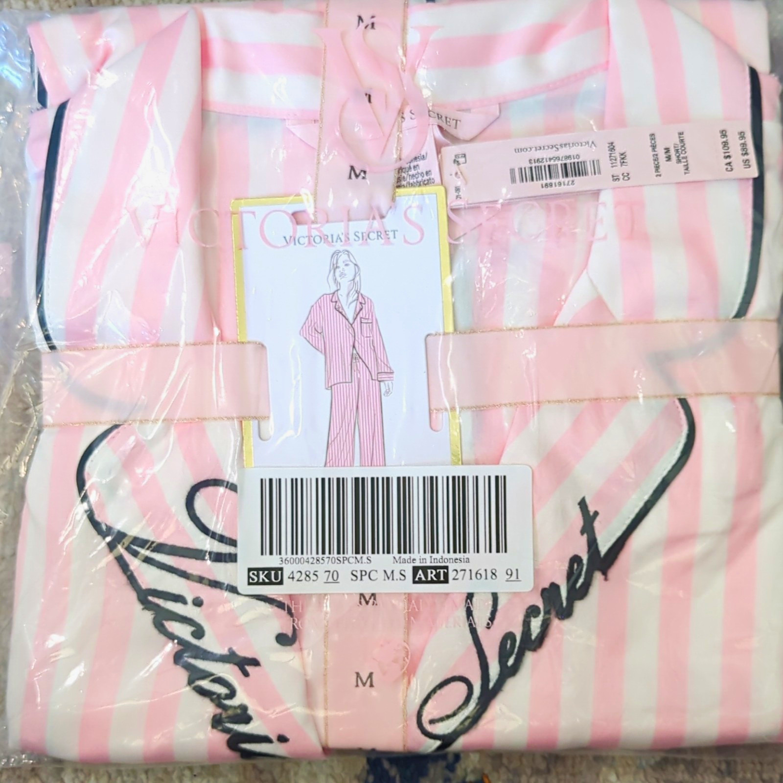 Victoria\'s Secret Satin 2pc Button Pajama Set M Pink/White Stripe Logo 27161891
