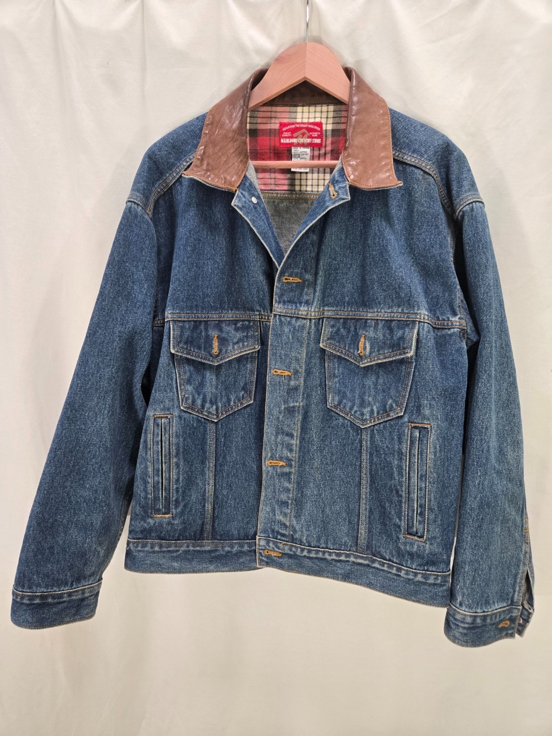 Vintage Marlboro Country Store Denim Jacket Mens Large Indigo Leather Collar