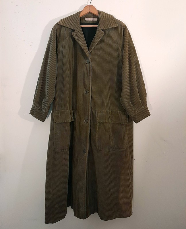 Vintage 80s Perry Ellis Olive Green Corduroy Long Coat w Wool Lining Artsy Warm