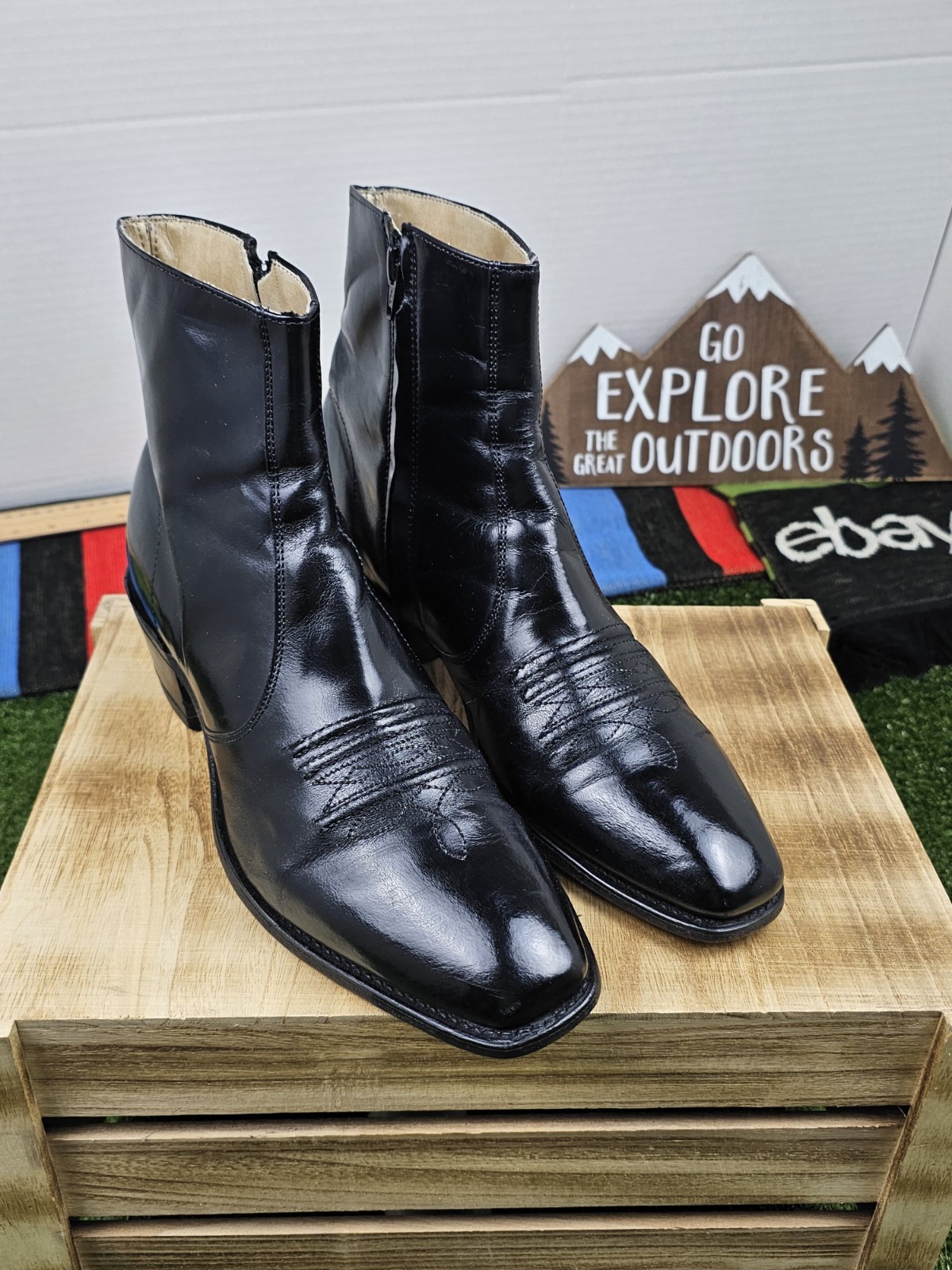vintage hanover 3680 western boots side zip men 11 D/B black leather ankle usa