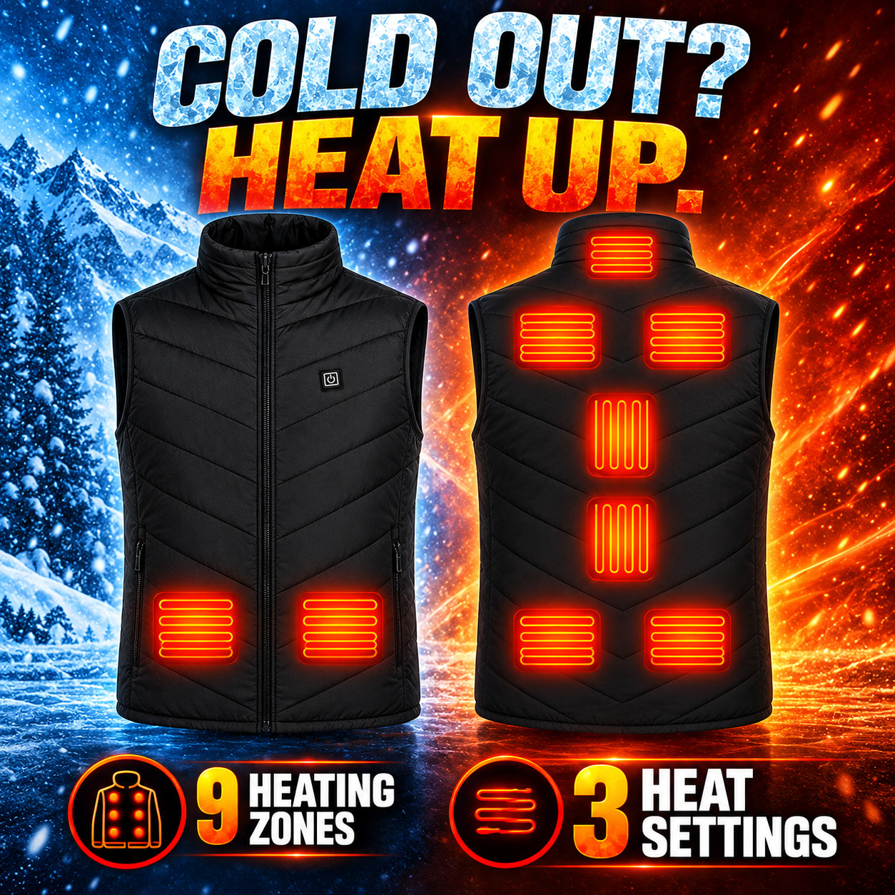 Unisex Black 9-Zone Heated Vest with 3 Heat Settings and External Power Connecti