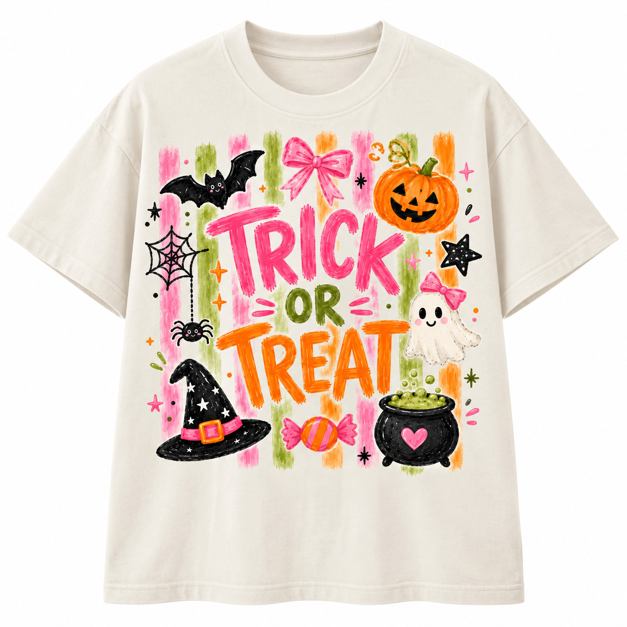 Trick or Treat Halloween Sweatshirt, Cute Pink Ghost Pumpkin Graphic Crewneck